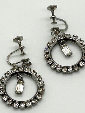 Vintage Screw Back Earrings Mid-Century Rhinestone Dangle Hoops Silver-tone